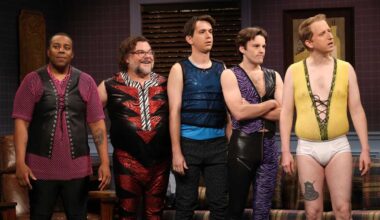 Kenan Thompson, Jack Black, Andrew Dismukes, Tommy Brennan and James Austin Johnson during the "Husbands" SNL sketch on Saturday, April 4, 2026