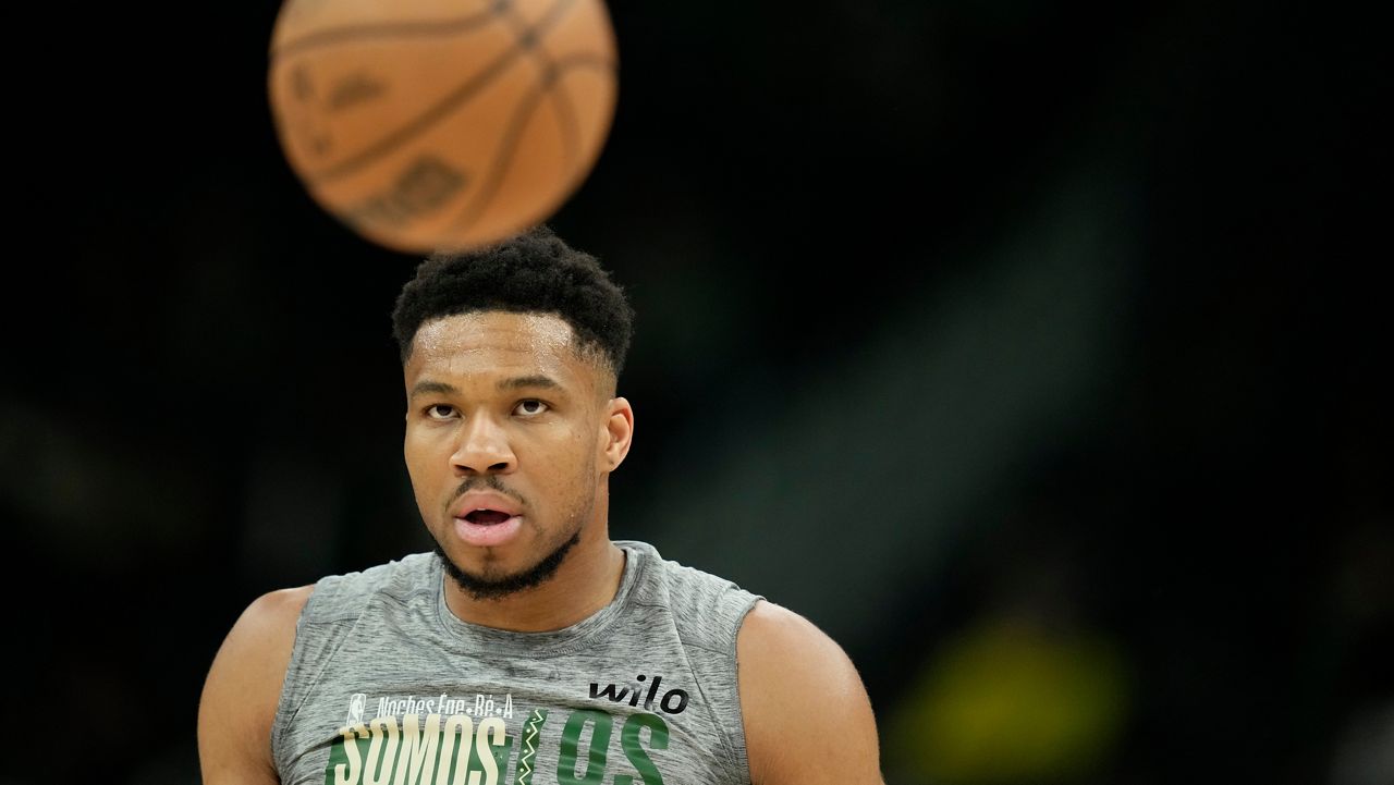 Milwaukee Bucks' Giannis Antetokounmpo warms up before an NBA basketball game against the Boston Celtics, Monday, March 2, 2026, in Milwaukee.