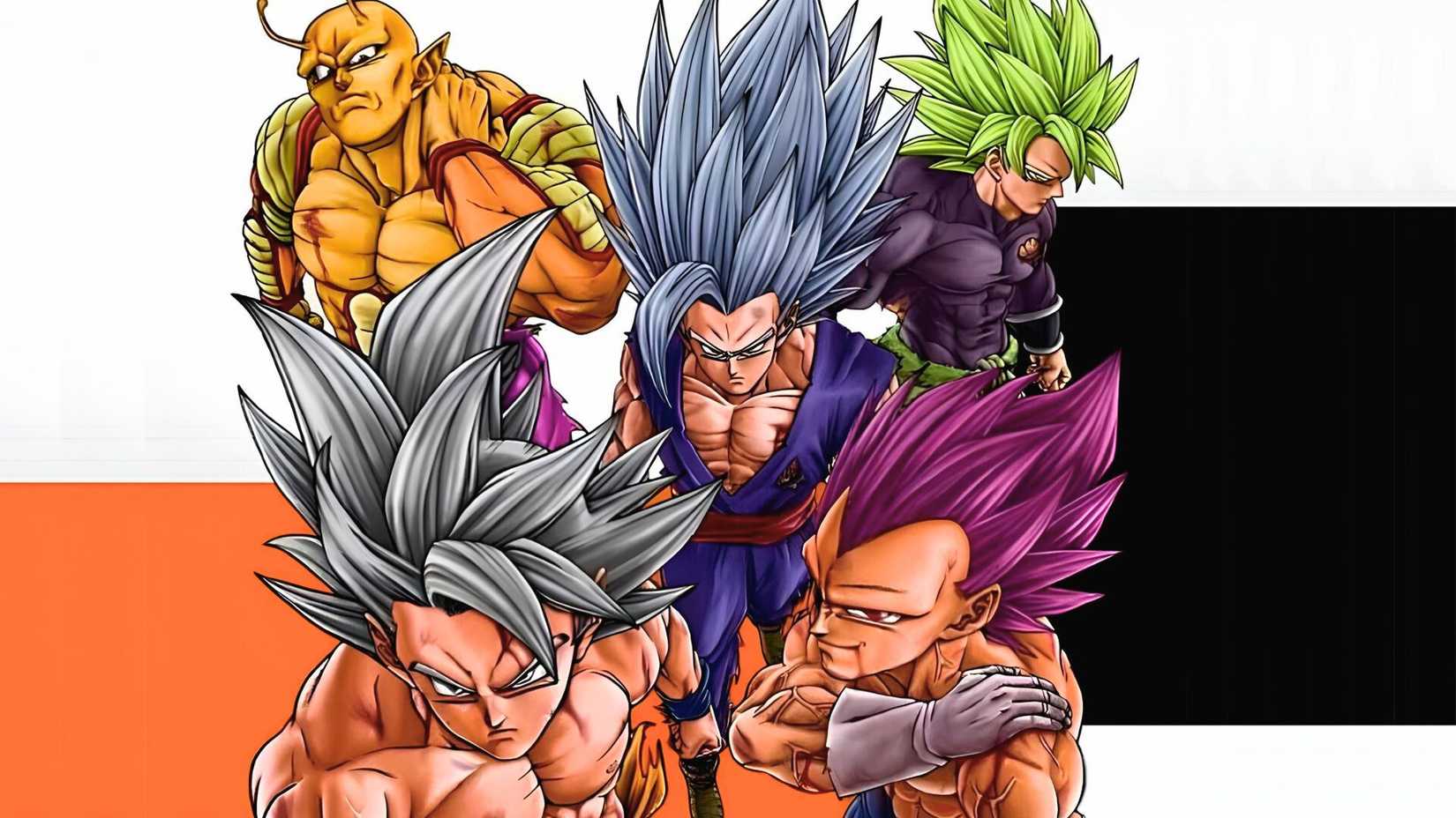 Goku, Vegeta, Gohan, Piccolo, and Broly as seen in Dragon Ball Super