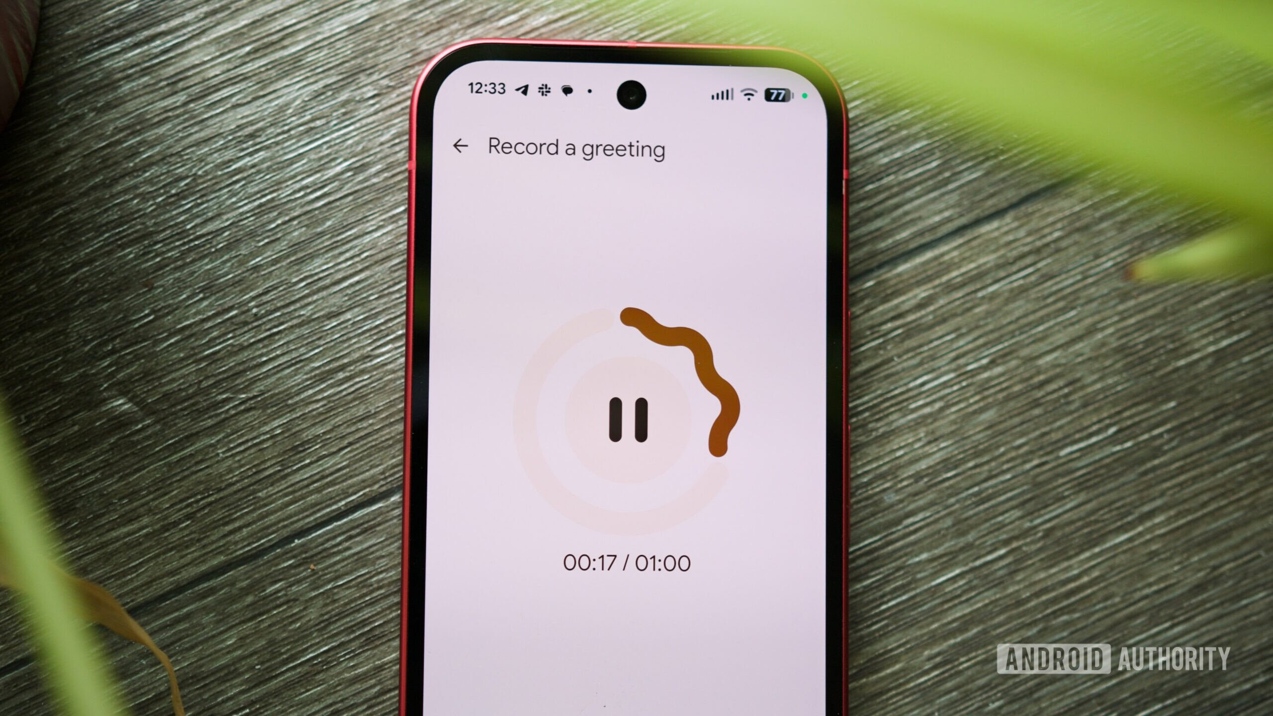 Recording a custom greeting for Take a Message on a Pixel phone.