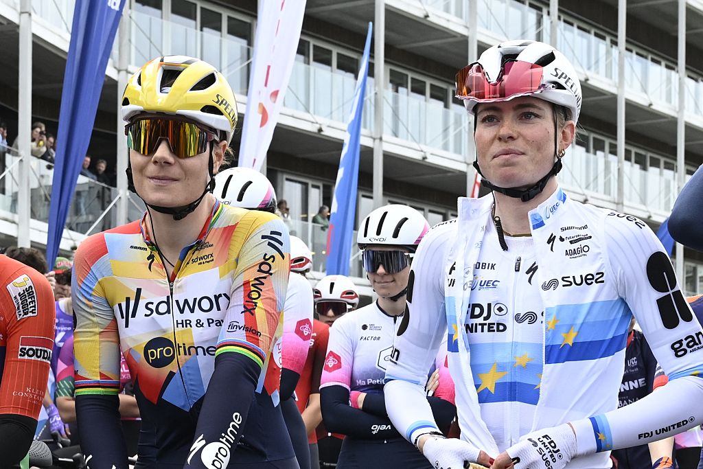 Belgian Lotte Kopecky of SD Worx-Protime, Dutch Demi Vollering of FDJ United&amp;#8208 and SUEZ pictured at the start of the women elite race of the 'Dwars Door Vlaanderen' cycling event, 128,9km from Roeselare to Waregem, Wednesday 01 April 2026.BELGA PHOTO TOM GOYVAERTS (Photo by Tom Goyvaerts / BELGA MAG / Belga / AFP via Getty Images)