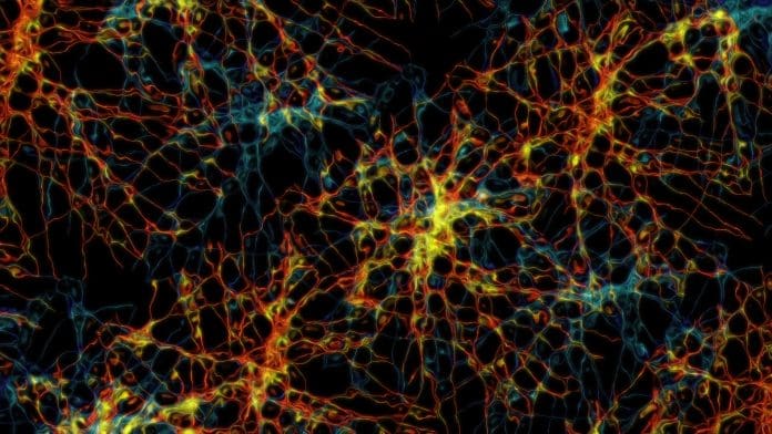 Chaotic neural network creating colorful abstract connections and data streams