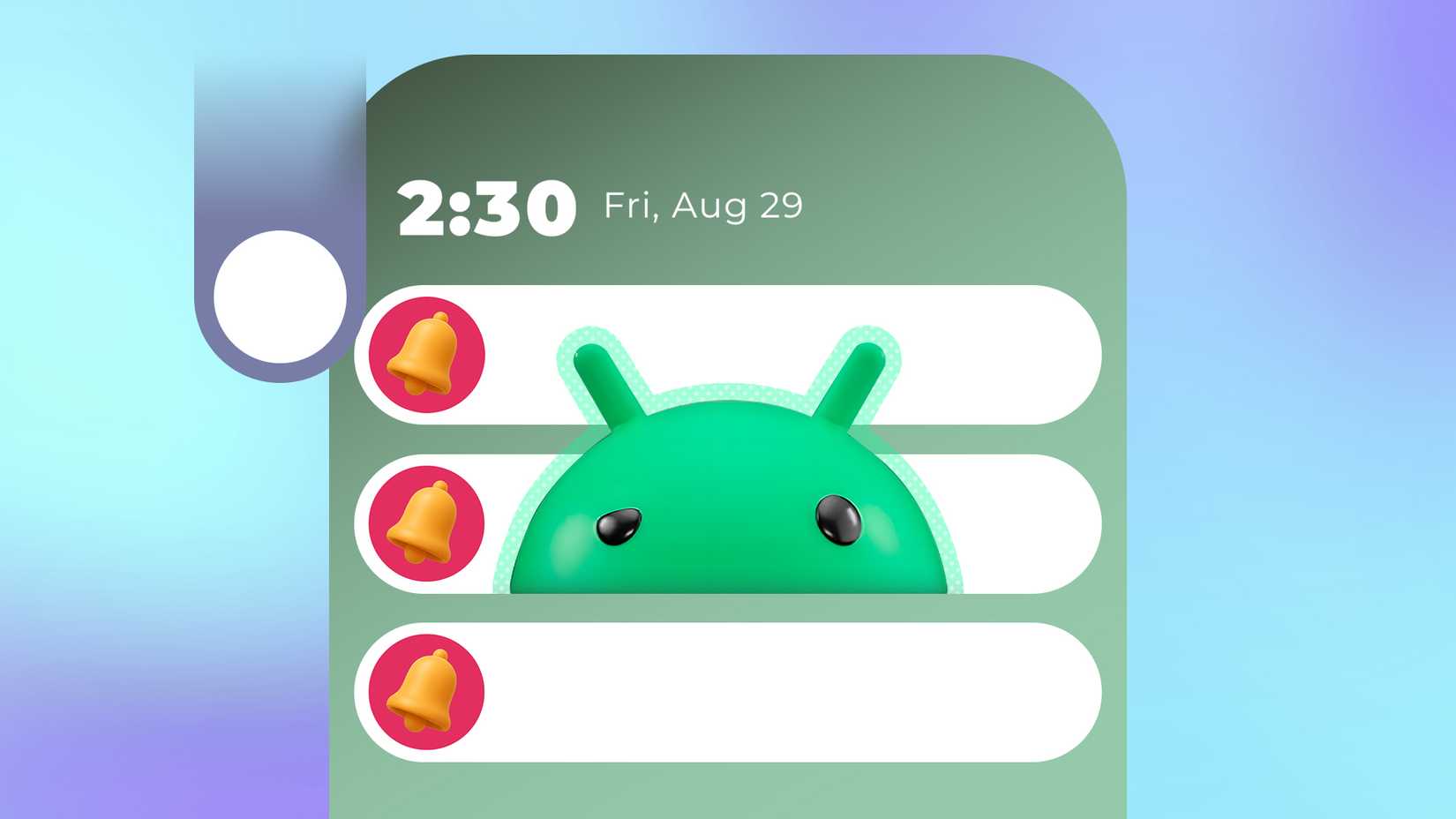 Illustration of Android’s notification panel showing alerts with bell icons, with the Android mascot peeking at the center.