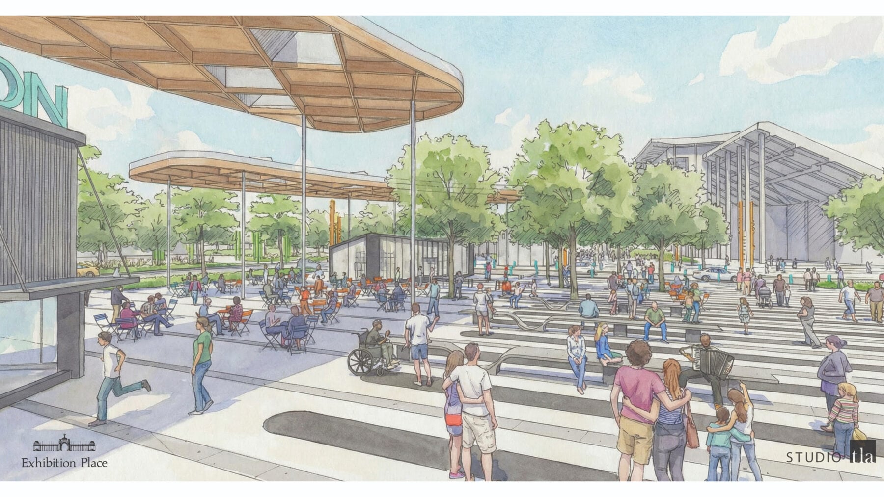An artist's rendering of a redesigned Exhibition Place in Toronto, showcasing modern architecture, green spaces, and new public amenities for community events and recreation.