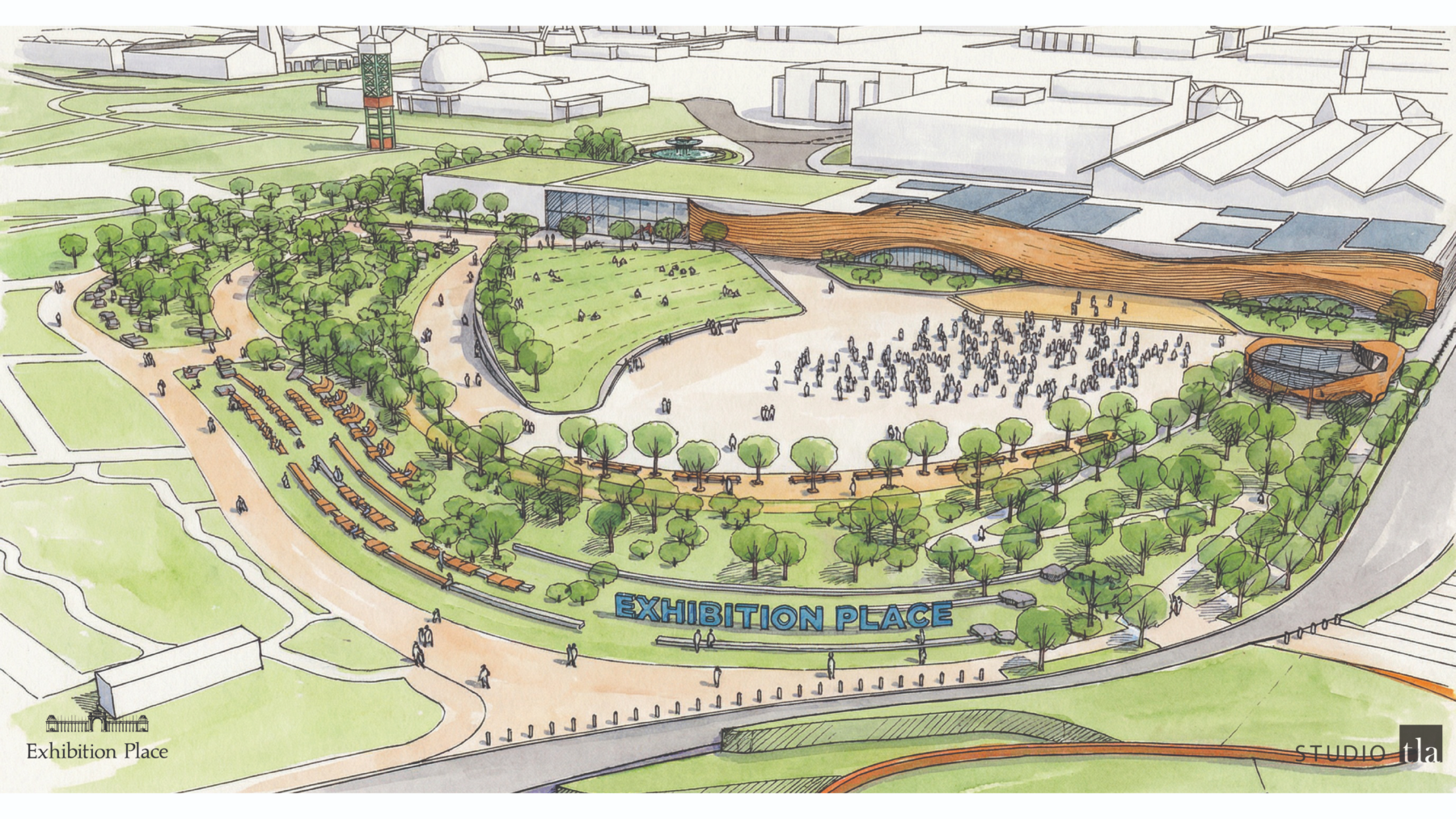 An artist's rendering of a redesigned Exhibition Place in Toronto, showcasing modern outdoor spaces, green areas, and new entertainment venues for community events.