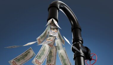 US 100 dollar banknotes flowing out of a black plumbing pipe with a valve having a red handle wheel in dark blue background. Illustration of the concept of money, income streams and cashflow