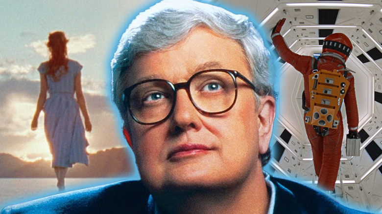 Rogert Ebert, surrounded by Jessica Chastain in The Tree of Life and Keir Dullea as Dr David Bowman in 2001: A Space Odyssey.