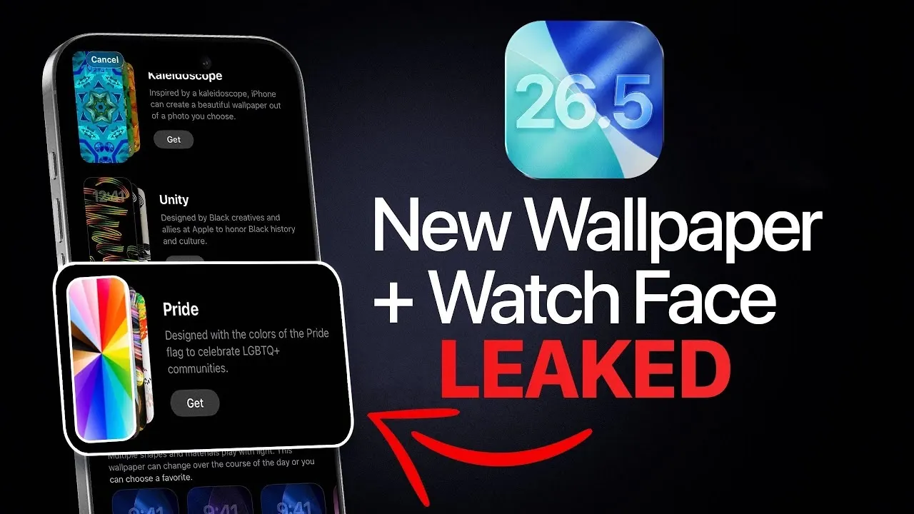 Apple Watch display mock showing the Luminance watch face name linked to iOS 26.5 release materials.