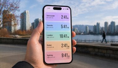 Hand holding a smartphone displaying multiple city clocks (Vancouver, Toronto, London, Dubai, Sydney) over a city waterfront backdrop.