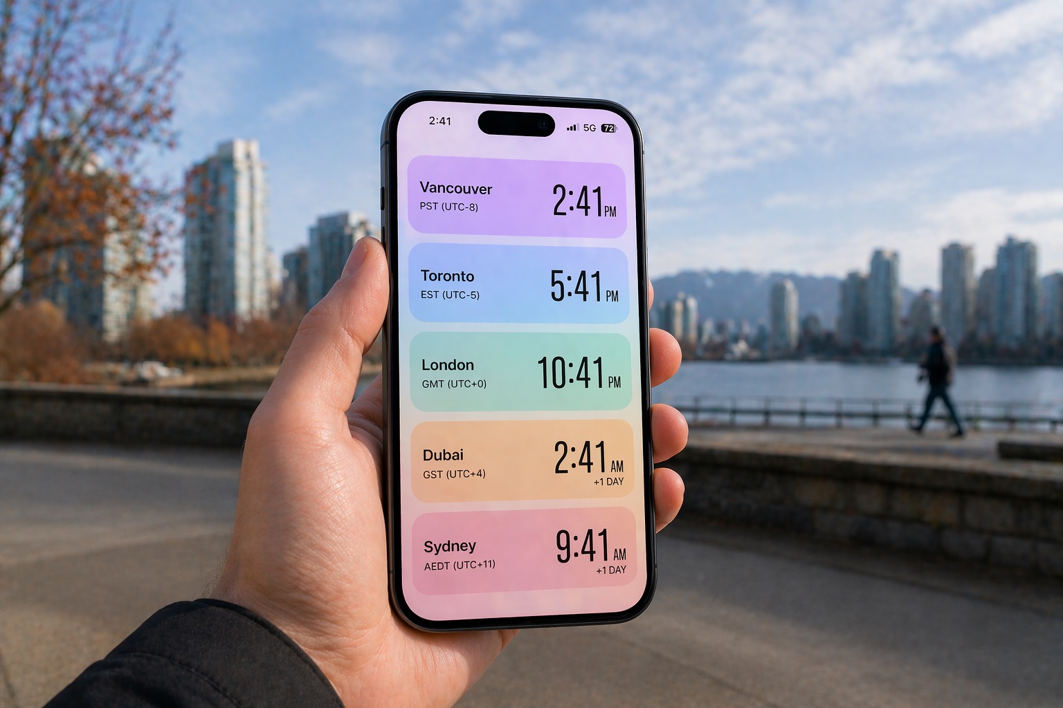 Hand holding a smartphone displaying multiple city clocks (Vancouver, Toronto, London, Dubai, Sydney) over a city waterfront backdrop.