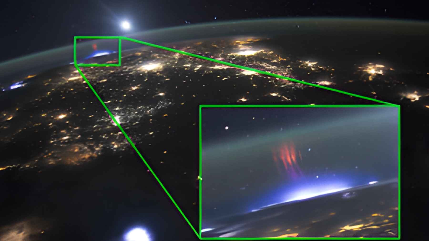 Red sprite lightning captured from the ISS above a thunderstorm reaching high into the upper atmosphere