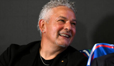 Roberto Baggio smiles during a press conference at Centro Tecnico Federale di Coverciano on June 03, 2024 in Florence, Italy. (Photo by Claudio Villa/Getty Images)