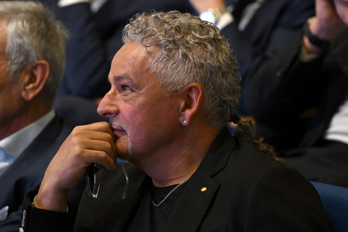 FLORENCE, ITALY - JUNE 03: Roberto Baggio, friend of Pep Guardiola, looks on during a press conference at Centro Tecnico Federale di Coverciano on June 03, 2024 in Florence, Italy. (Photo by Claudio Villa/Getty Images)