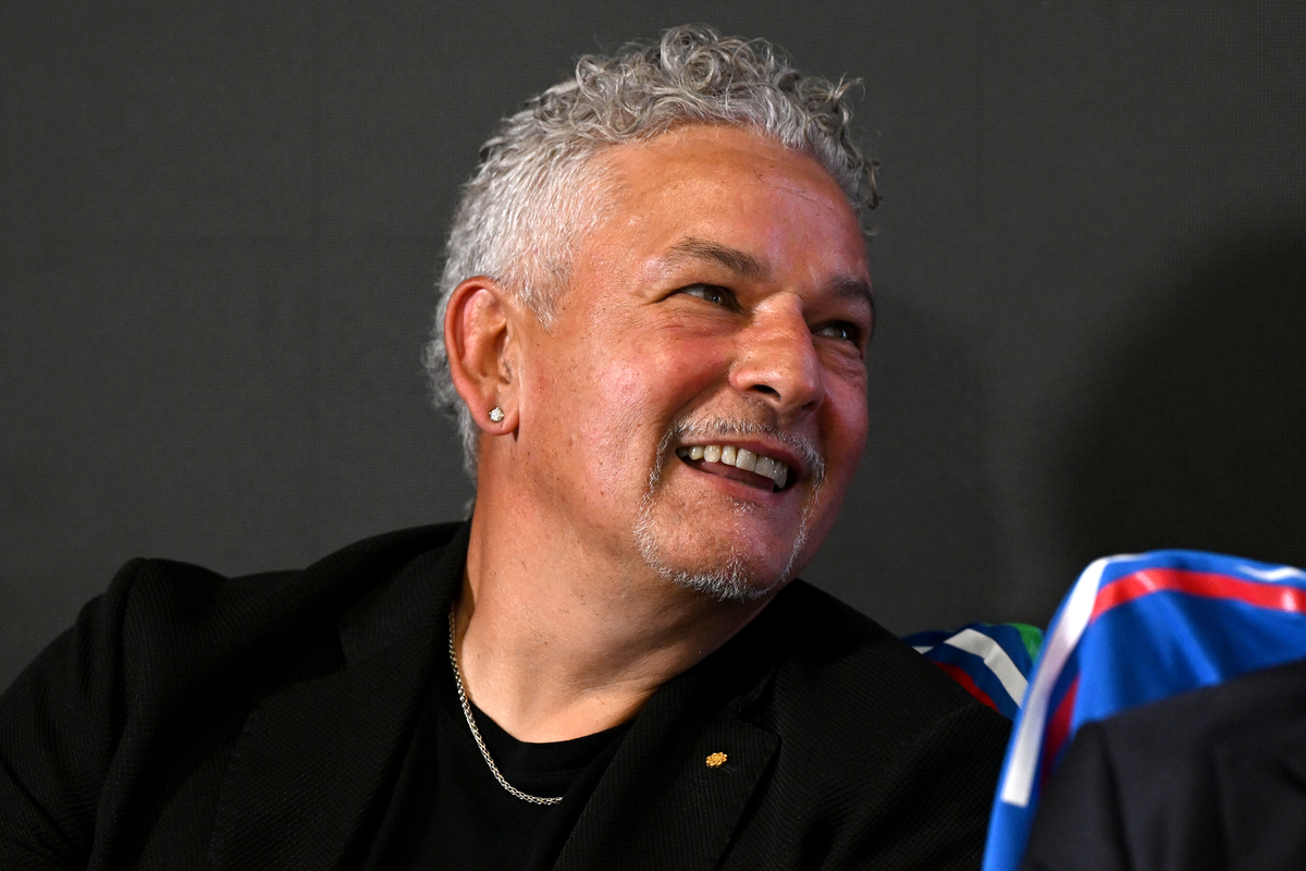 Roberto Baggio smiles during a press conference at Centro Tecnico Federale di Coverciano on June 03, 2024 in Florence, Italy. (Photo by Claudio Villa/Getty Images)