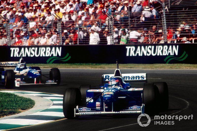 Jacques Villeneuve,  Williams FW18 Renault leads  Damon Hill, Williams FW18 Renault