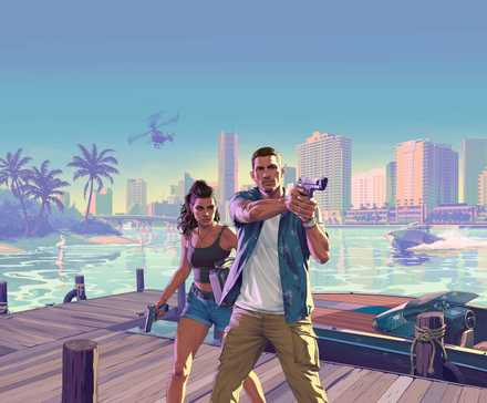 Artwork for GTA 6, featuring protagonists Jason and Lucia holding guns while standing on a Vice City dock
