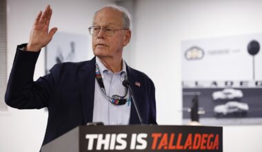 Jim France, NASCAR Chairman speaks to the media after the NASCAR leadership announcements during a press conference at Talladega Superspeedway on April 25, 2026 in Talladega, Alabama. (Photo by Sean Gardner/Getty Images)