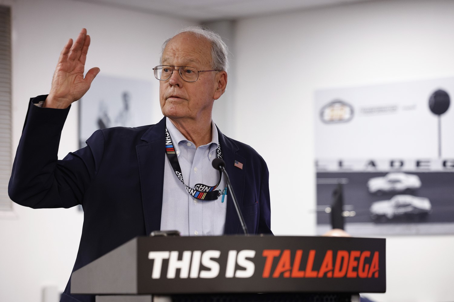Jim France, NASCAR Chairman speaks to the media after the NASCAR leadership announcements during a press conference at Talladega Superspeedway on April 25, 2026 in Talladega, Alabama. (Photo by Sean Gardner/Getty Images)
