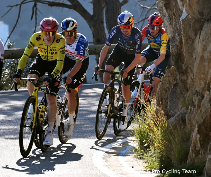 Jonas Vingegaard, Remco Evenepoel, Tom Pidcock and Mattias Skjelmose climb together at the Volta a Catalunya 2026
