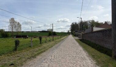 Wide shots of the cobbled section at Briastre, to be used in Paris-Roubaix 2026. The photos show relatively smooth cobbles and a gentle uphill