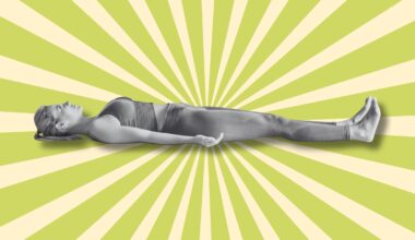 exercises to down while laying down; a woman laying on her back on a bright green background