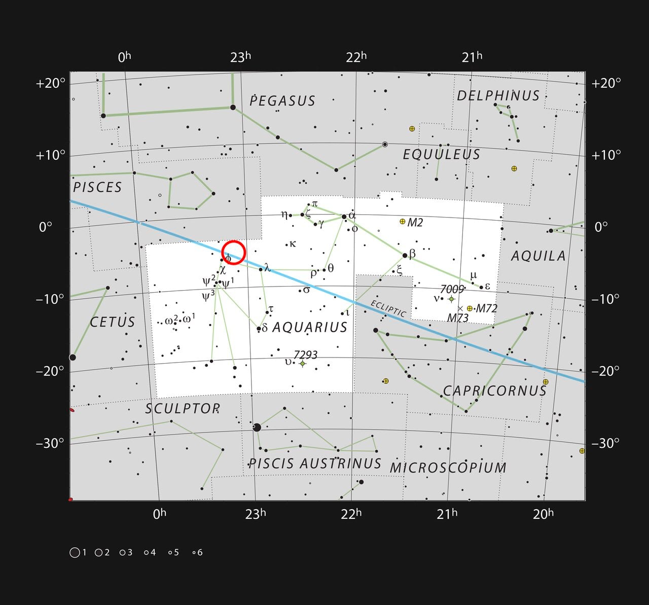 This chart shows the naked eye stars visible on a clear dark night in the constellation of Aquarius with the position of the Trappist-1 system (Credit : ESO/IAU and Sky & Telescope)