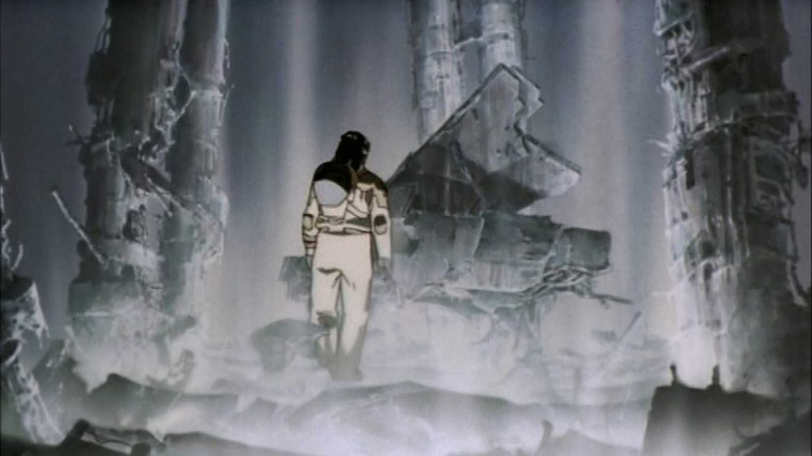 Still from Magnetic Rose featuring space miner overlooking a destoryed piano. 