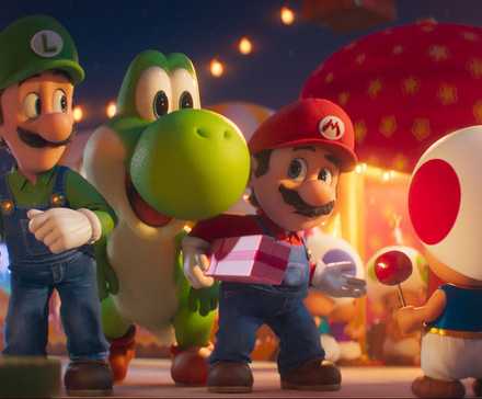 Mario and Luigi introduce Yoshi, a small green dinosaur, to Toad, a short guy with a mushroom hat, in The Super Mario Galaxy Movie