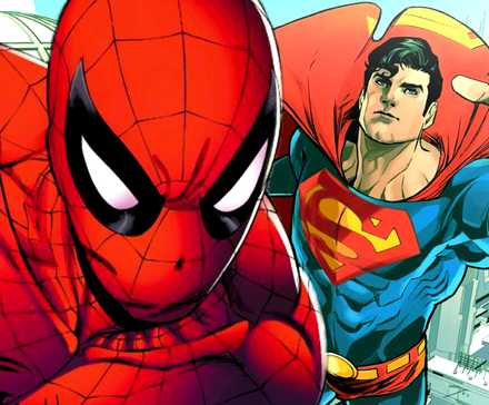Marvel's Spider-Man swings from a spiderweb and DC's Superman flies