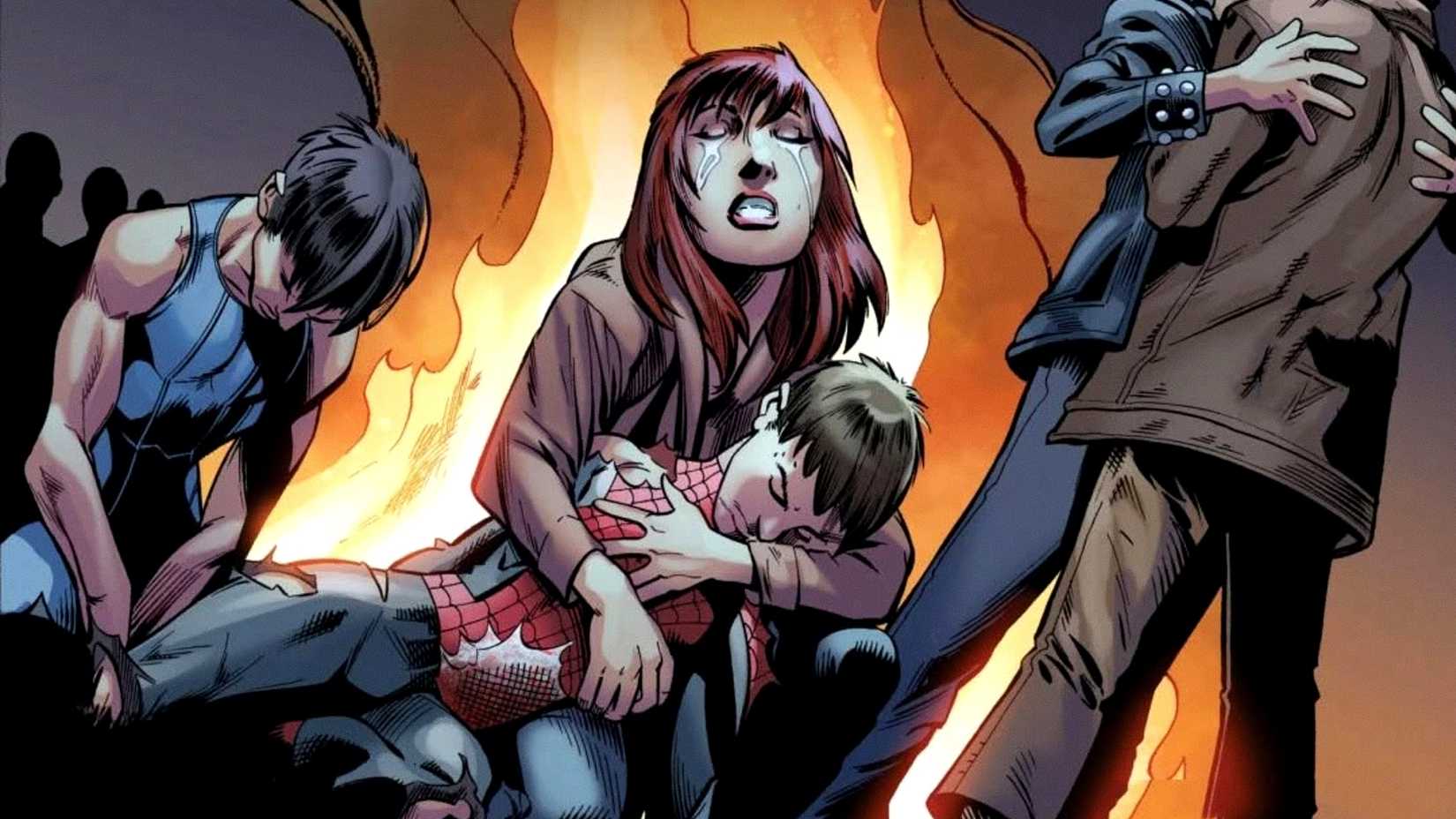 Mary Jane Watson hugs a dead Peter Parker in the Ultimate Marvel Universe's Death of Spider-Man