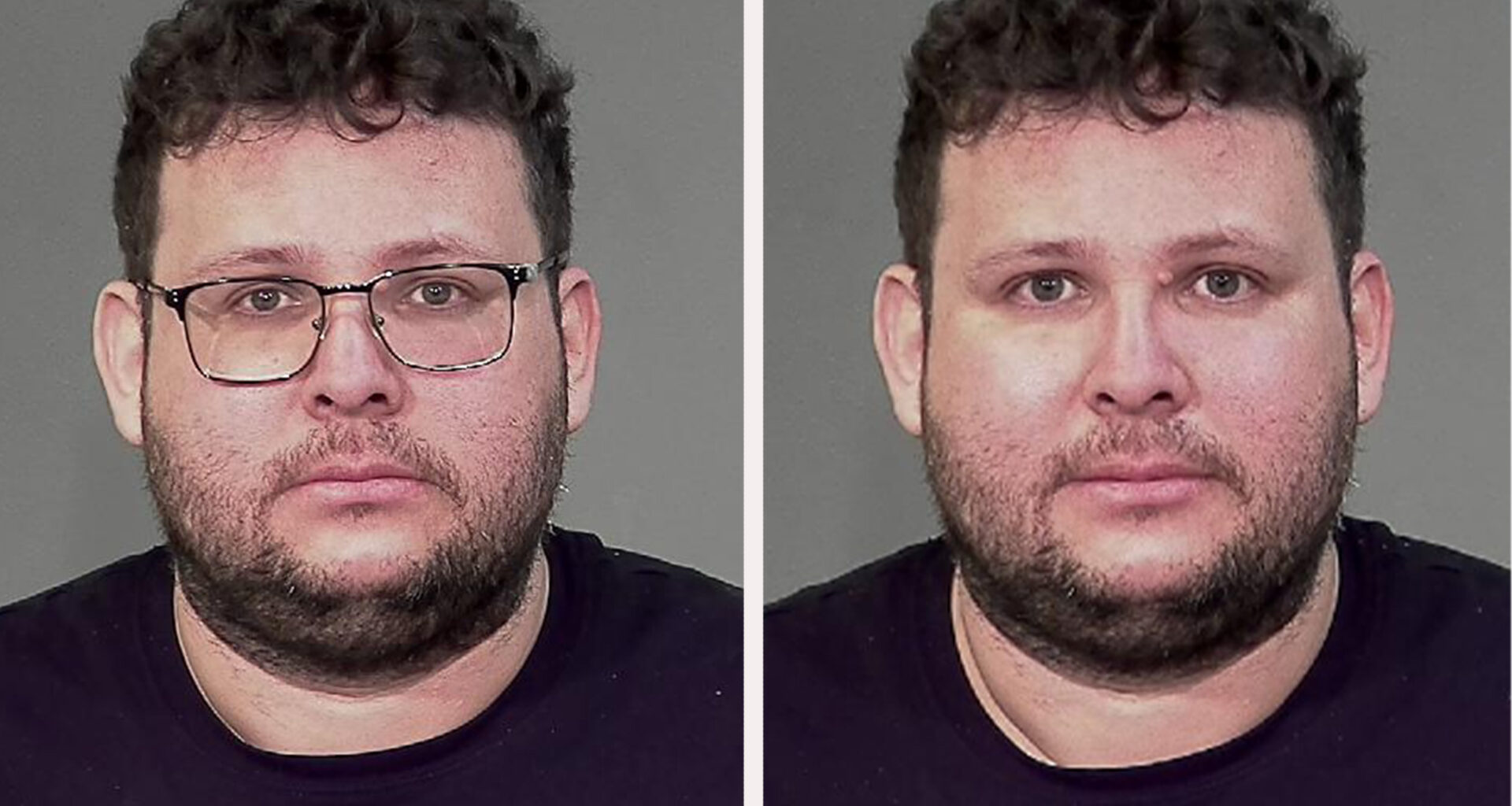 Side-by-side mugshots of a man with and without glasses.