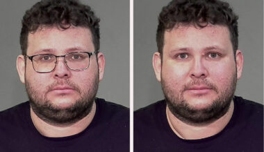 Side-by-side mugshots of a man with and without glasses.