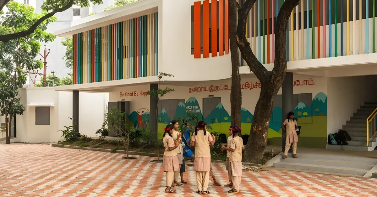 corridors become classrooms as color and movement reshape an indian school