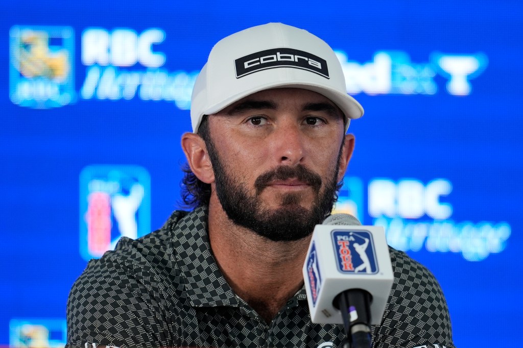Homa speaks during a practice round at the RBC Heritage golf tournament, Wednesday, April 15, 2026, in Hilton Head Island,, S.C.