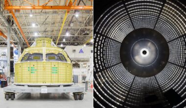 Left: A yellow spacecraft module sits on a platform inside a large industrial facility. Right: Interior view looking up into a cylindrical structure with a circular pattern and metallic panels.