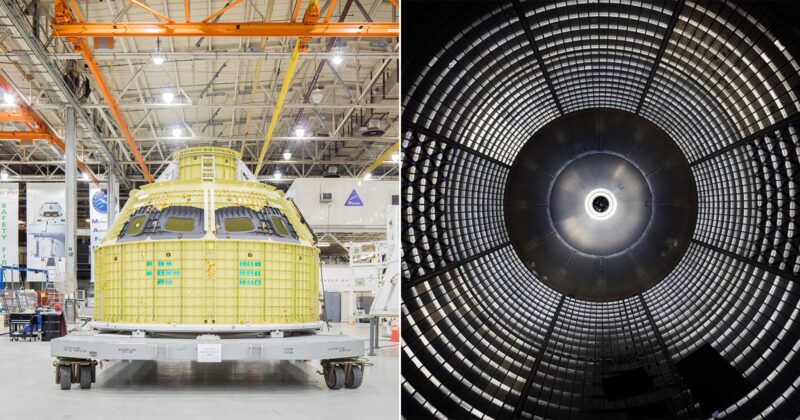 Left: A yellow spacecraft module sits on a platform inside a large industrial facility. Right: Interior view looking up into a cylindrical structure with a circular pattern and metallic panels.