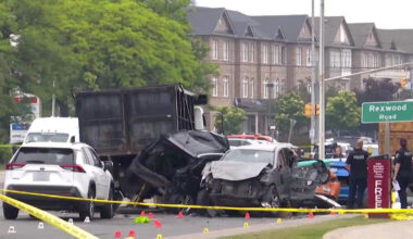 MiWay bus involved in a crash at a Mississauga intersection, highlighting public transit safety issues.