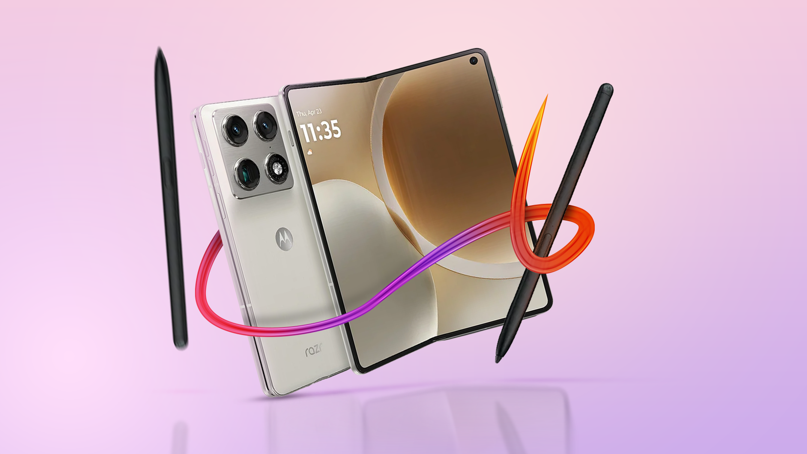 Motorola Razr Fold smartphone with a Moto Pen Ultra.