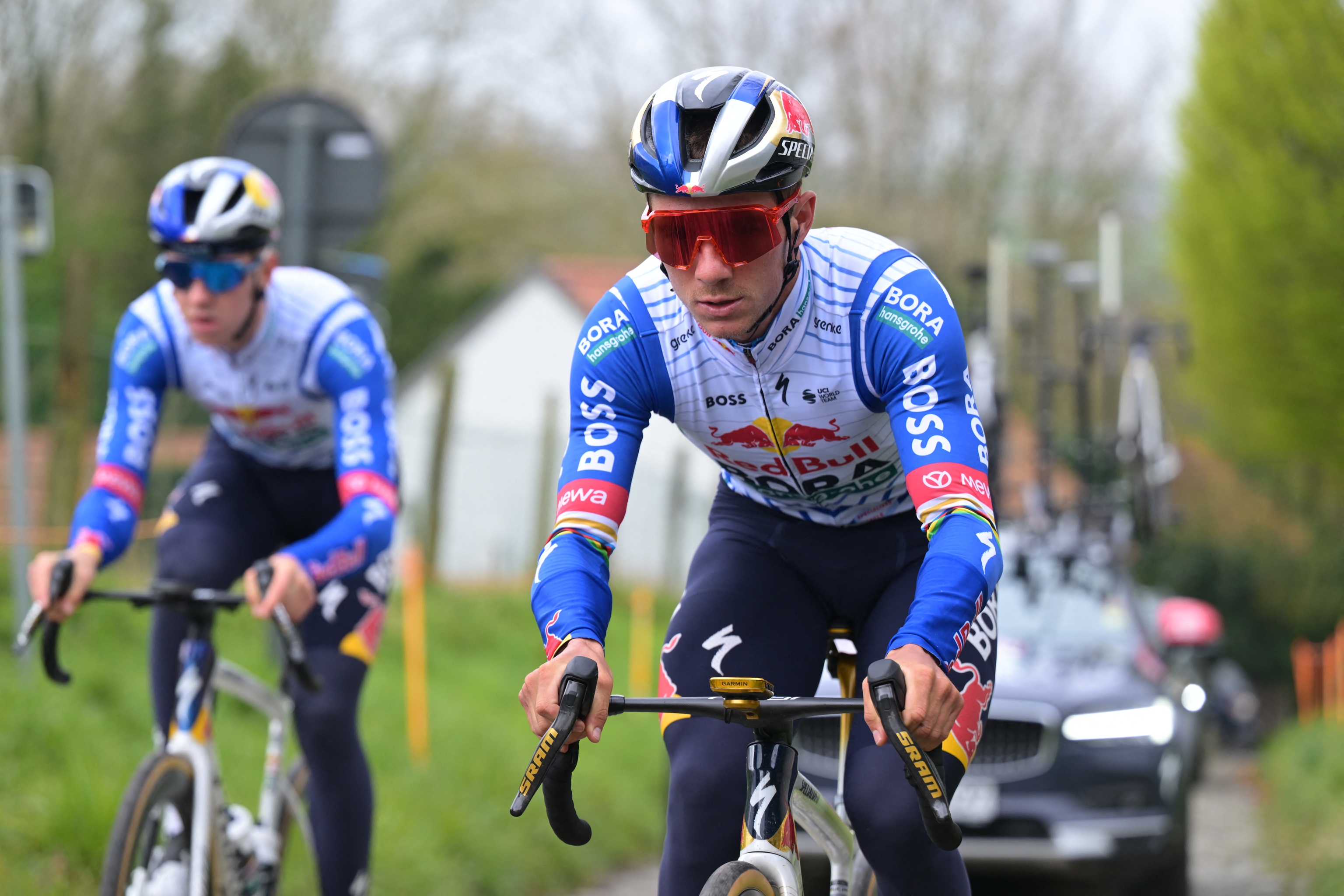 Belgian Remco Evenepoel of Red Bull-BORA-hansgrohe (R) pictured at a track reconaissance ahead of the Ronde van Vlaanderen/ Tour des Flandres/ Tour of Flanders cycling race, Thursday 02 April 2026. The 110th edition of the cycling race will take place on Sunday 05 April. BELGA PHOTO DAVID PINTENS (Photo by DAVID PINTENS / BELGA MAG / Belga / AFP via Getty Images)