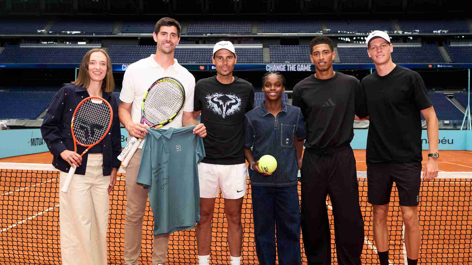 Iga Swiatek, Thibaut Courtois, Rafael Nadal, Jude Bellingham and Jannik Sinner at the Bernabeu in Madrid on Thursday.