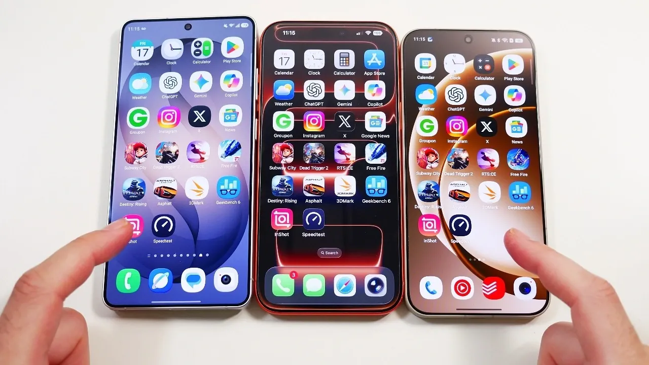 Boot screen comparison shows iPhone 17 Pro Max finishing last while Galaxy S26 Ultra reaches home screen first.