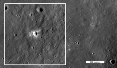 The LROC team discovered a new crater that formed since LRO entered orbit, identifiable in the above image by its bright ejecta rays. (Credit : NASA/GSFC/Arizona State University)