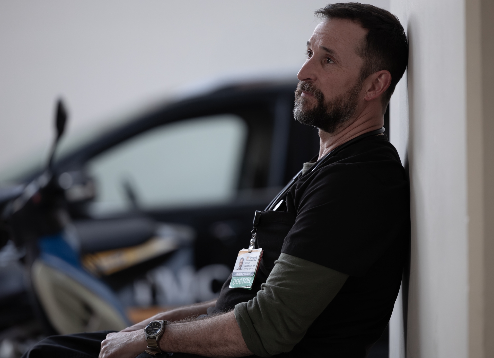 Robby opens up to Duke; Medics bringing in Rita Wolcott. (Warrick Page/HBOMAX)