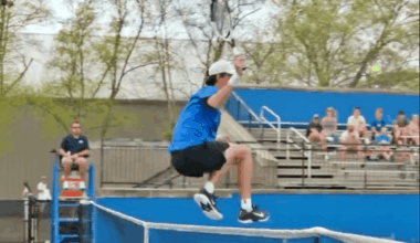 A college tennis player’s leaping shot across the net went viral. There was just one problem