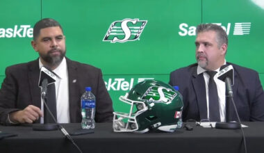 Saskatchewan Roughriders head coach Corey Mace, left, and general manager Jeremy O'Day.