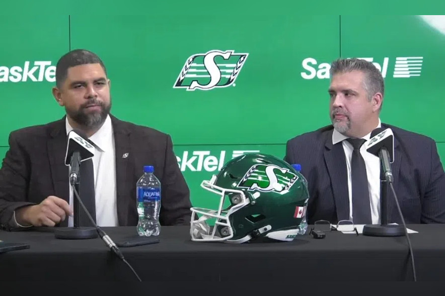 Saskatchewan Roughriders head coach Corey Mace, left, and general manager Jeremy O'Day.