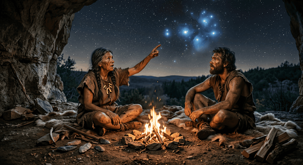Two prehistoric humans sitting around a campfire under a starry night sky. AI image