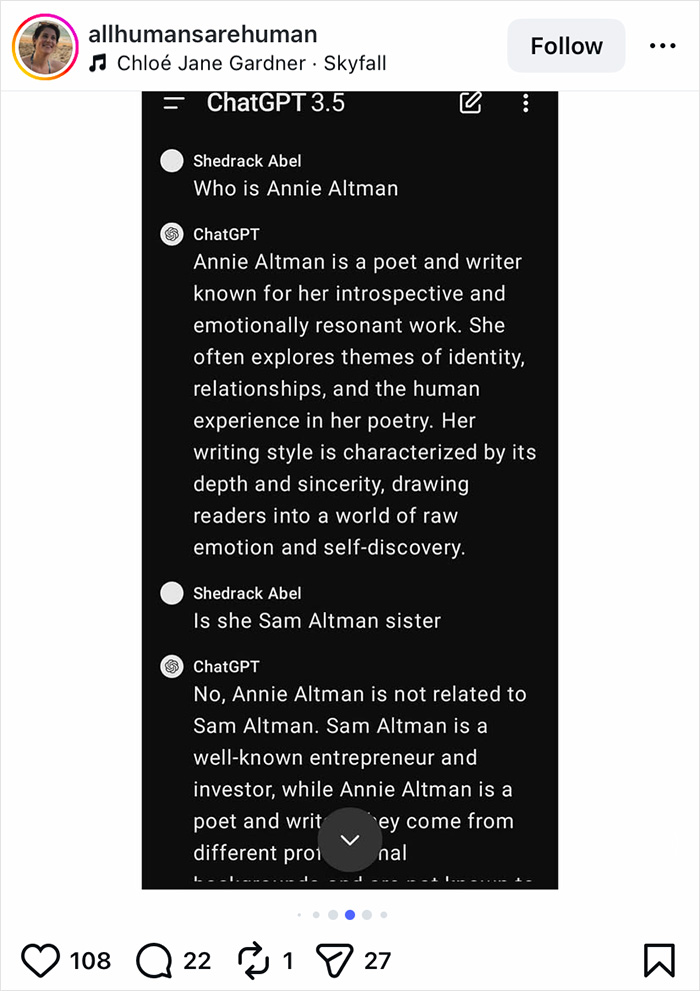 ChatGPT explaining Annie Altman is not related to OpenAI CEO Sam Altman amid lawsuit allegations discussion.