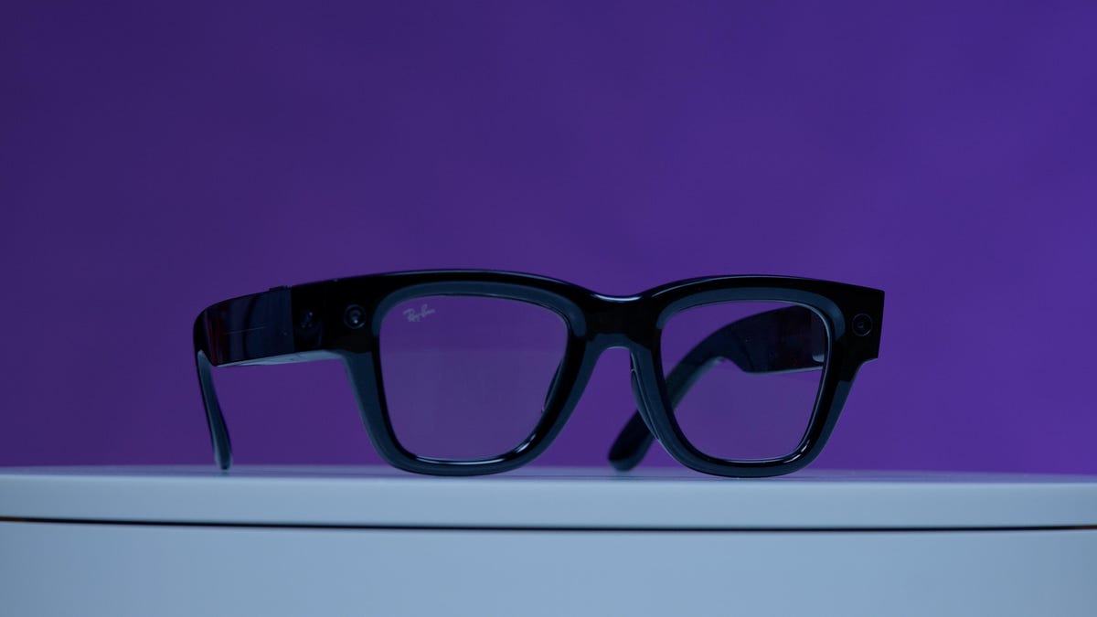 Meta Ray-Ban Display glasses on a white table
