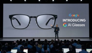 Person navigating a city street using the heads-up display on Google Gemini smart glasses